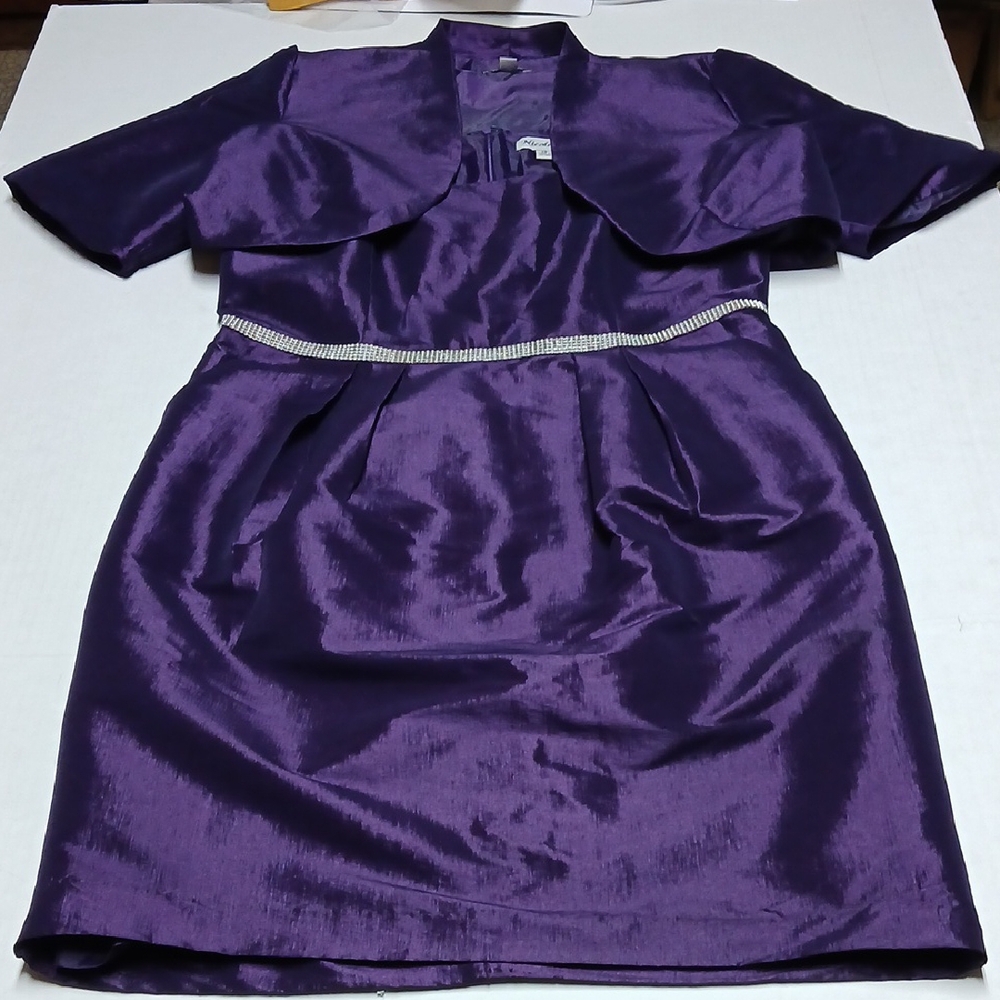 Nicolette Purple Satin Sleeveless Midi Dress w/ Matching Suit Jacket Set Size 14